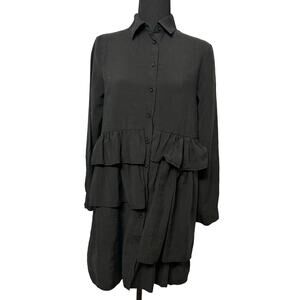 Zara Denim Women's Long Sleeve Multi Tier Ruffle Black Shirt Dress Size Med